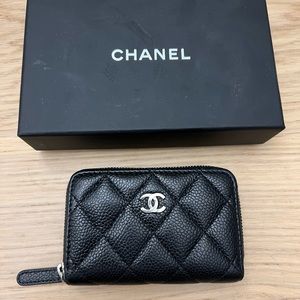 Chanel Mini Zip O-Coin Purse Wallet Black Leather Caviar Silver SLG